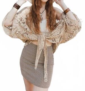 NEW LETO crochet floral petal kimono wrap in mocha
